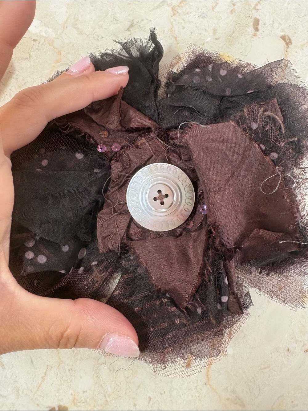 Brown and Black Fabric Flower Brooch with Silver Button Center